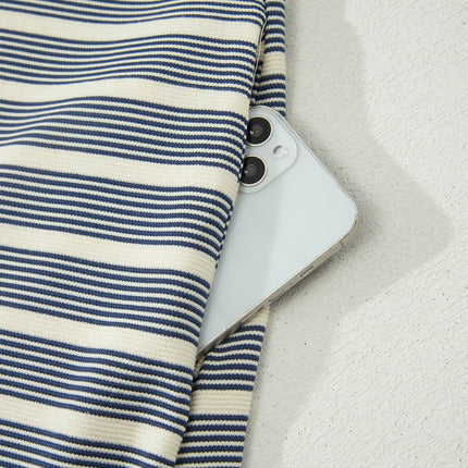 Blue Stripe Plus Size Contrast Trim Button V Neck Ruffle Sleeve Shift Dress