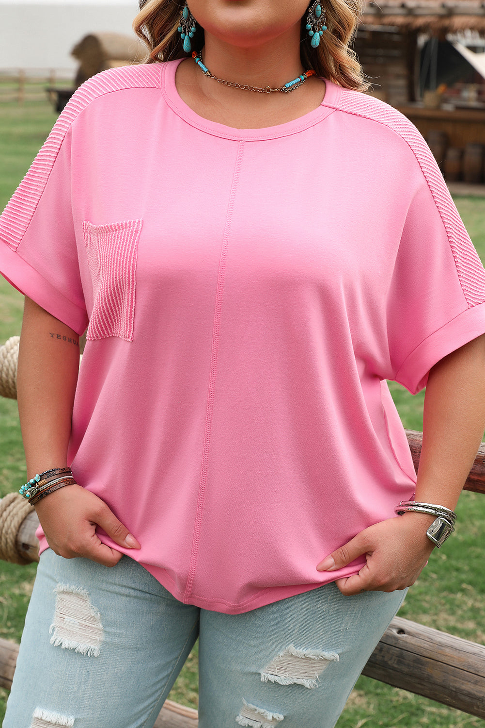 Bonbon Corded Patchwork Pocketed Plus Size T Shirt