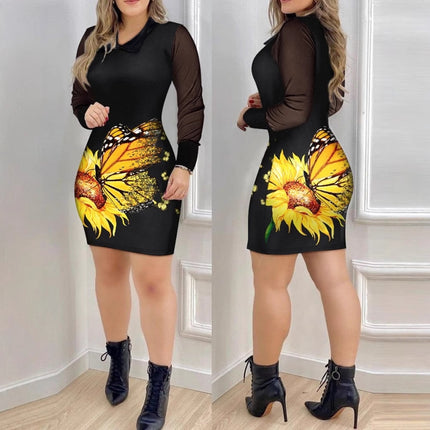 Womens Mesh Long-Sleeve V-Neck Slim-Fit Printed Dress