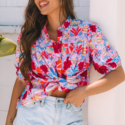 Pink Floral Print Bubble Sleeve Button Up Pleated Shirt