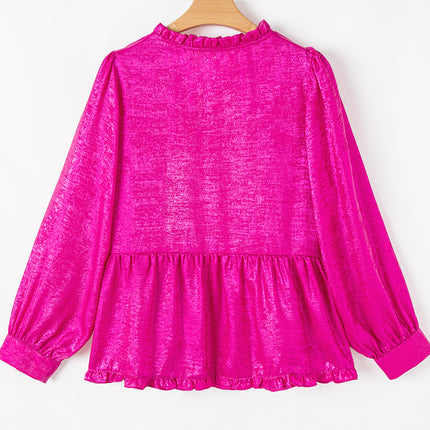 Rose Red Metallic Frilled V Neck Puff Sleeve Babydoll Blouse