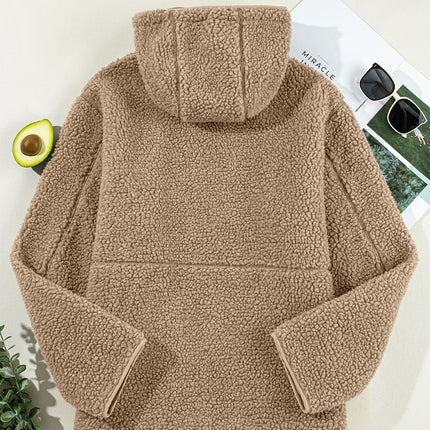 Pale Khaki Fleece Zip Up Drawstring Hooded Pocketed Jacket