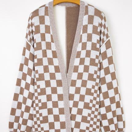Orange Plus Size Checkered Bubble Sleeve Drop Shoulder Open Cardigan