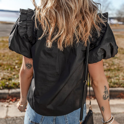 Black Ruffled Puff Short Sleeve Loose Blouse