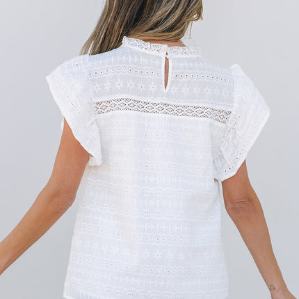 White Lace Neckline Flutter Sleeve Eyelets Blouse