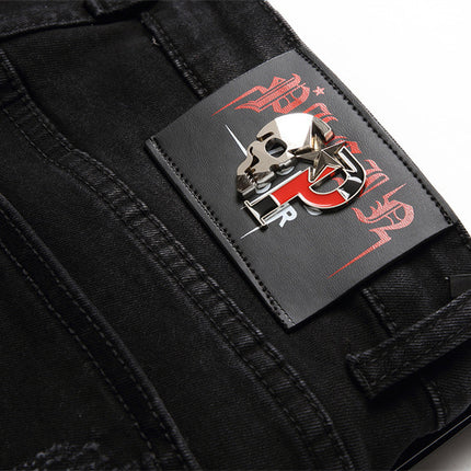 Black Slim-fit Skull Ripped High Street Jeans