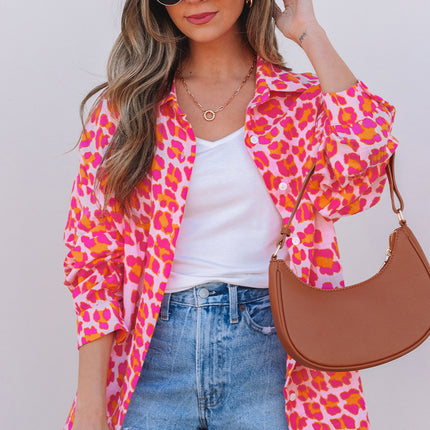 Rose Leopard Printed Button Up Loose Shirt