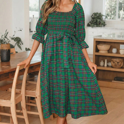 Green Tartan Plaid Square Neck Puff Sleeve Knot Waist Flared Midi Dress