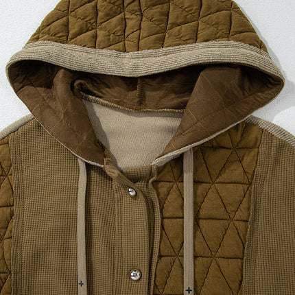 Jungle Green Quilted Textured Patchwork Loose Fit Hooded Jacket