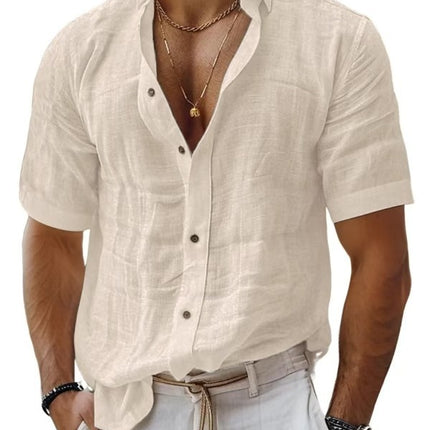 Men's Summer Men's Lapel Shirt Solid Color Short Sleeve Cotton Linen Shirt
