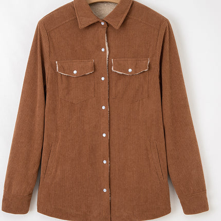 Cinnamon Fleece Lined Buttoned Flap Pockets Corduroy Jacket
