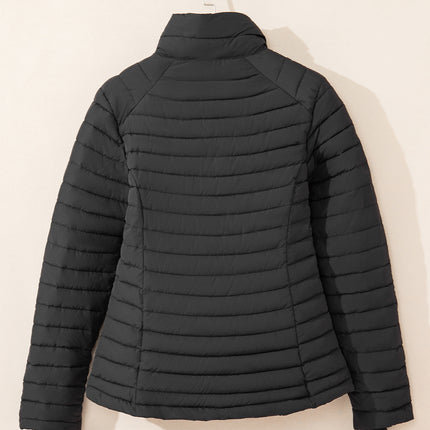 Black Solid Color Quilted Zip-up Puffer Jacket
