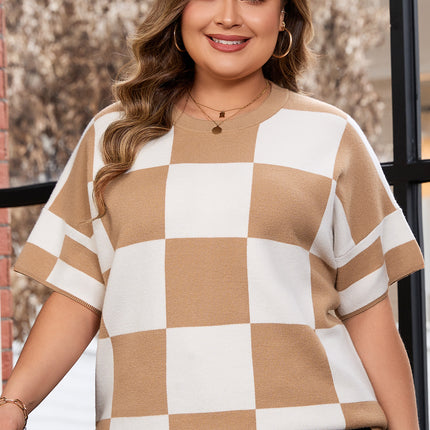 Light French Beige Plus Size Checkered Pattern Knit Short Sleeve Sweater