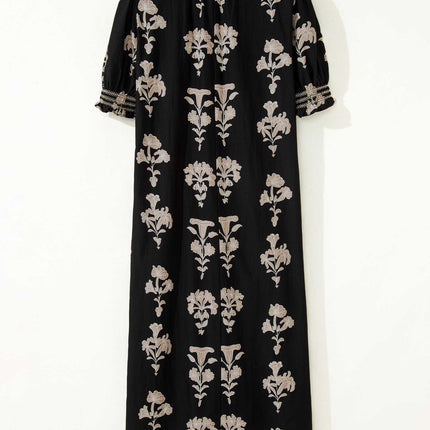 Black Floral Print Frilled Collar Short Puff Sleeve Maxi Dress