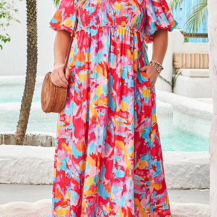 Rose Abstract Printed Puff Sleeve Square Neck Smocked Bust Tied Back Plus Size Dress