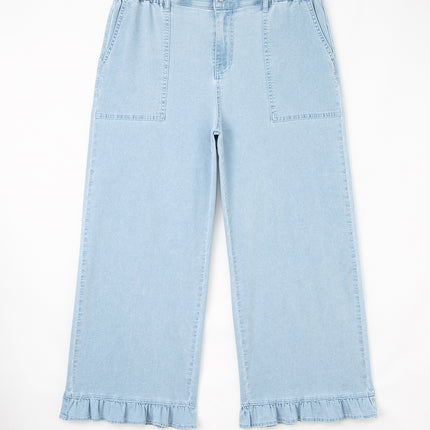 Beau Blue Plus Size Elastic Waist Ruffled Wide Leg Denim Pants