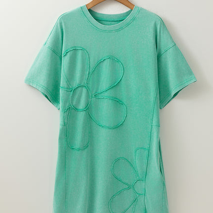 Mint Green Mineral Wash Flower Patchwork Mini T Shirt Dress