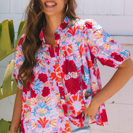 Pink Floral Print Bubble Sleeve Button Up Pleated Shirt