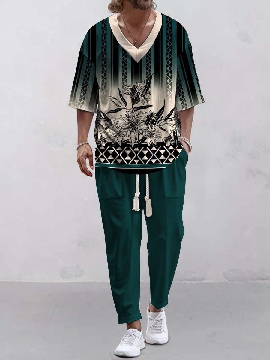 Cropped Sleeves V-neck Trousers Suit