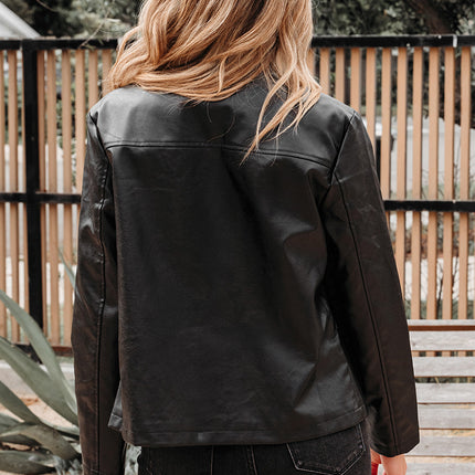 Black Faux Leather Buttoned Front Boxy Jacket