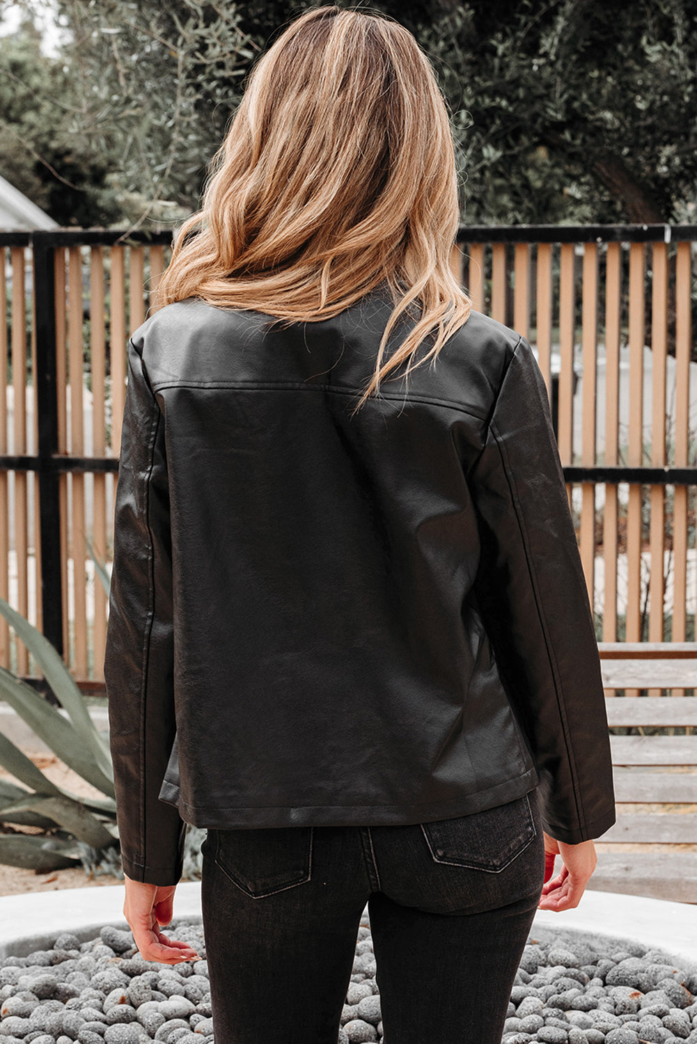 Black Faux Leather Buttoned Front Boxy Jacket