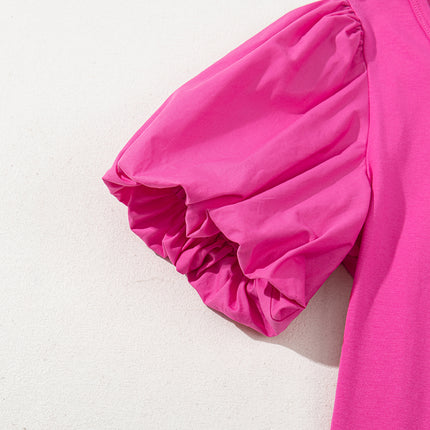 Strawberry Pink Casual Round Neck Bubble Sleeve T-shirt