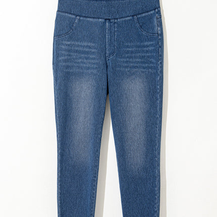 Navy Blue Skinny Elastic Waist Ankle Length Mid Waist Jeggings with Pockets