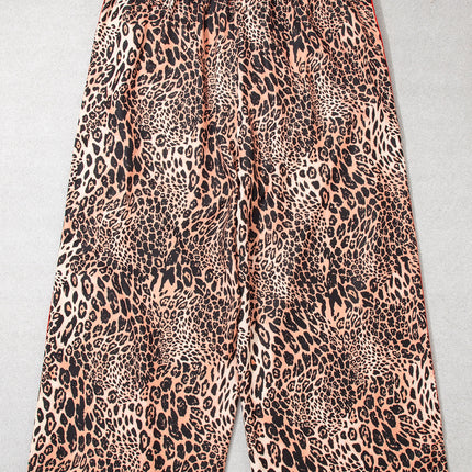 Khaki Leopard Print Colorblock Side Stripes Wide Leg Full Length Plus Size Pants