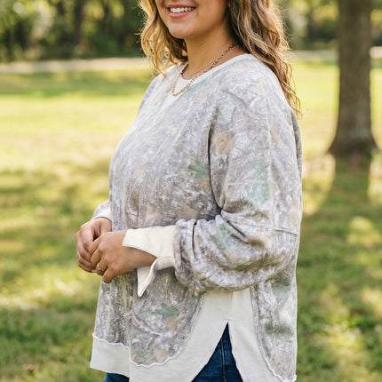 Khaki Camouflage Print Round Neck Long Sleeve Shift Plus Size Sweatshirt