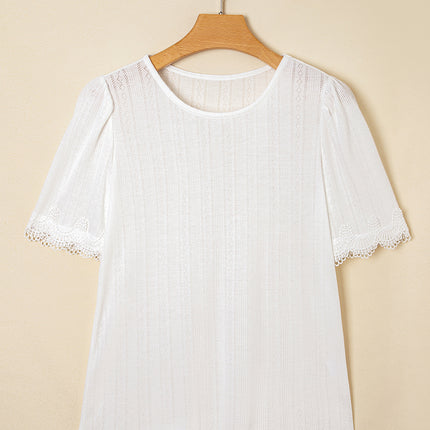 White Scalloped Lace Trim Jacquard Textured T Shirt