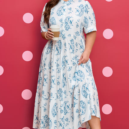 Sky Blue Plus Size Geometric Floral Print Button Split Neck Short Sleeve Maxi Dress