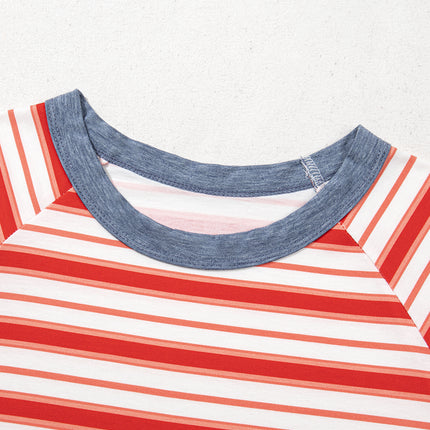 Tomato Red Stripe Print Contrast Collar Raglan Sleeve T Shirt