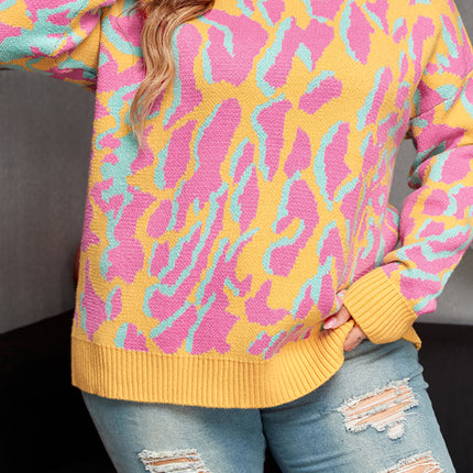 Bright Pink Plus Size Leopard Ribbed Trim Sweater