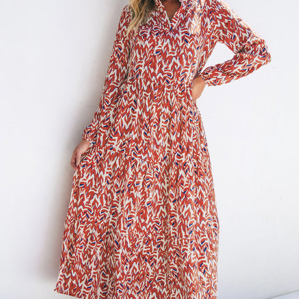 Orange Abstract Print V Neck Pleated High Waist Midi Dress