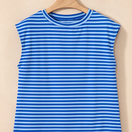 Sky Blue Stripe Ribbed Cap Sleeve Round Neck T Shirt