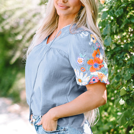 Beau Blue Floral Embroidered Puff Sleeve Split Neck Blouse