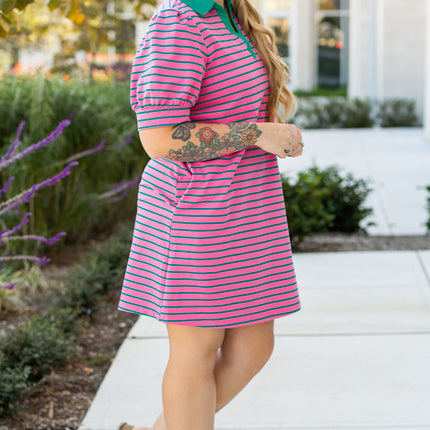 Rose Stripe Collared V Neck Puff Sleeve Shift T Shirt Dress with Pockets