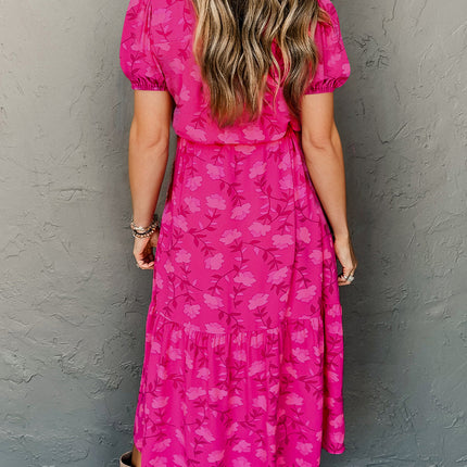 Rose Red Floral Print Pleated Drawstring Flowy Midi Dress