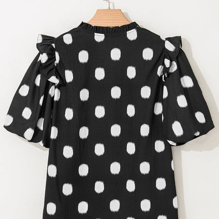 Black Polka Dot Print Shirred Yoke Notched Neck Balloon Sleeve Blouse
