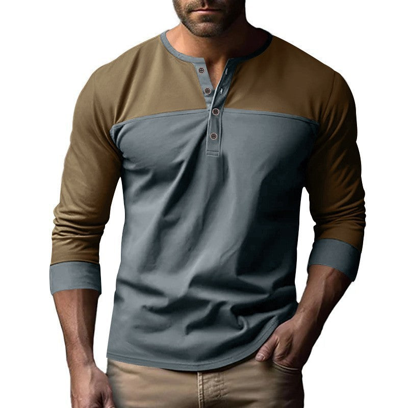 Retro Trendy Long-sleeve Color Matching Henry Collar Bottoming Shirt Casual T-shirt