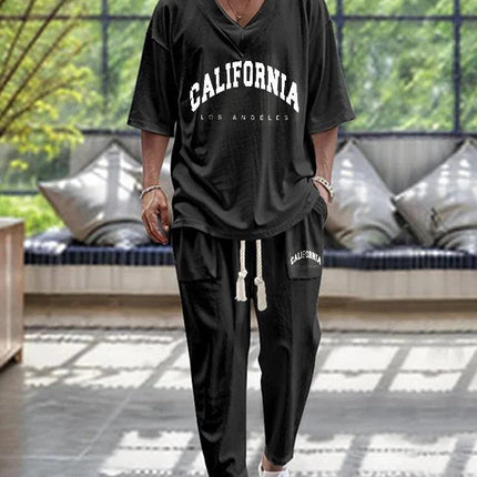 Cropped Sleeves V-neck Trousers Suit