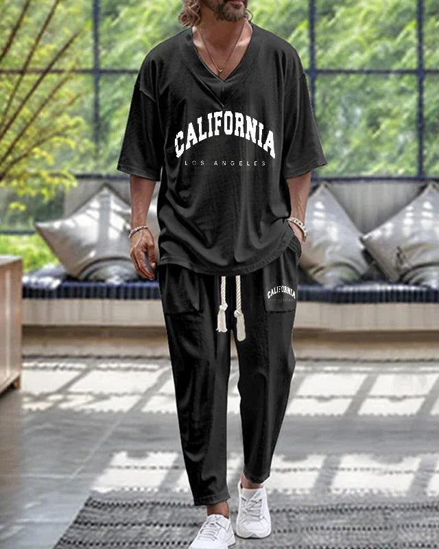 Cropped Sleeves V-neck Trousers Suit