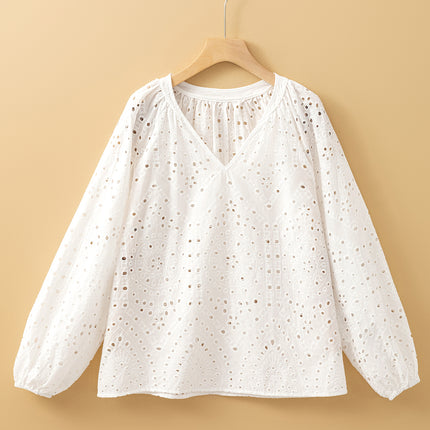 White Eyelet Embroidered Puff Sleeve V Neck Blouse