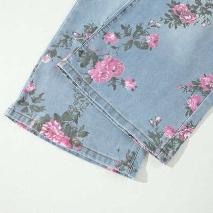 Sky Blue Plus Size Floral Print Ankle Length Loose Jeans