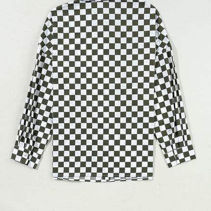 Green Checkerboard Printed Drop Shoulder Loose Casual Shirt