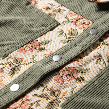Sage Green Ribbed Retro Floral Patchwork Shirt Style Jacket