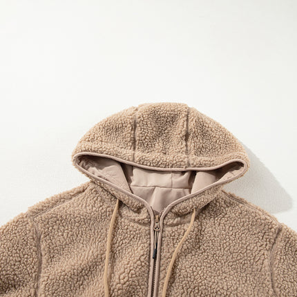 Pale Khaki Fleece Zip Up Drawstring Hooded Pocketed Jacket