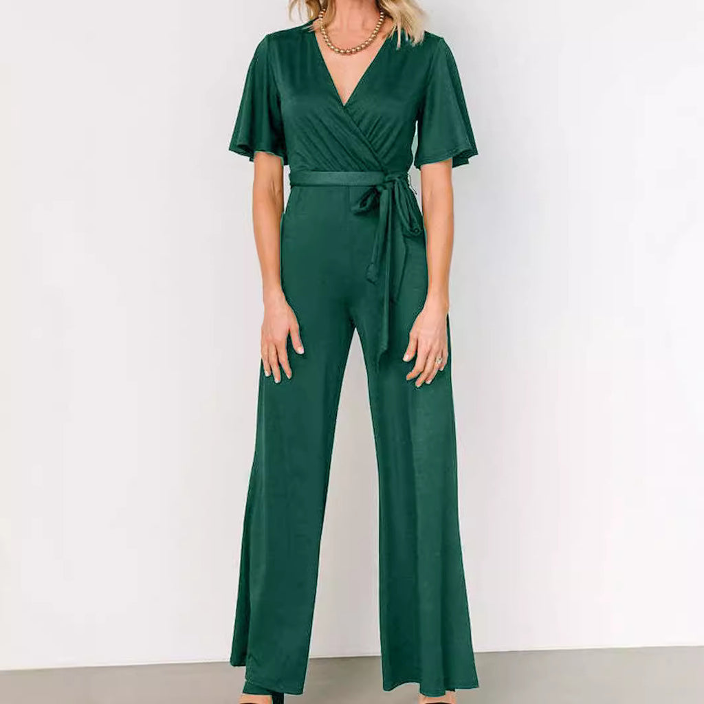 Women's Casual Solid Color Short Sleeve Belt Jumpsuit