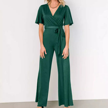 Women's Casual Solid Color Short Sleeve Belt Jumpsuit