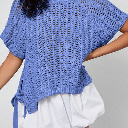 Apricot Plus Size Open Knit Bow Tie Short Sleeve Sweater